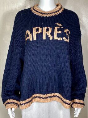 MAEVE Anthropologie Navy Blue Tan Après Ski Chunky Knit Sweater Sz XL ($118) NWT